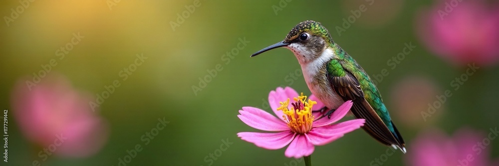 Fototapeta premium Tiny hummingbird perches on delicate flower petals, hummingbird, intricate