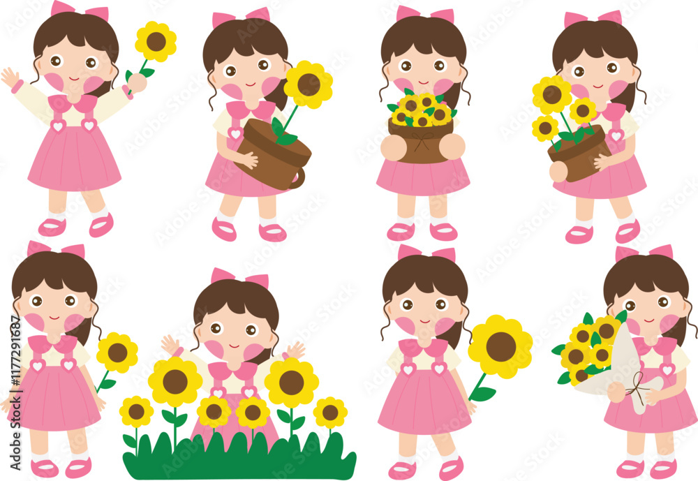 Cute Children with Sunflowers Illustration Cute Children with Sunflowers Illustration