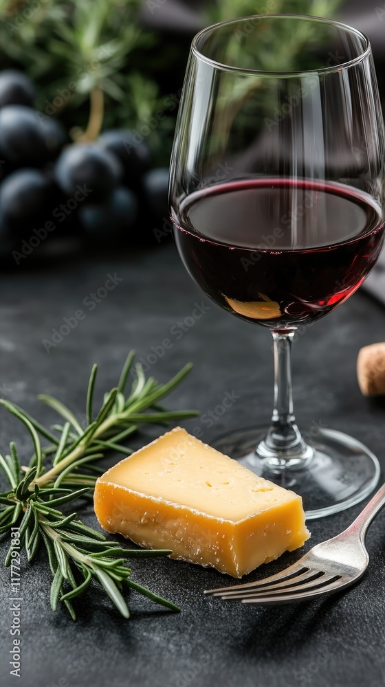 Enjoy a sophisticated pairing of red wine and cheese presented on a fork, set against a dark, minimalistic backdrop Enjoy a sophisticated pairing of red wine and cheese presented on a fork, set against a dark, minimalistic backdrop