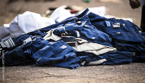 A pile of dark blue work uniforms lies discarded on the ground.  The fabric is slightly worn, conveying a sense of hardship or exhaustion.  Ideal for themes of labor, industry, or social commentary. photo