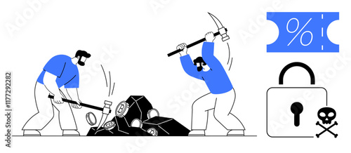 Two miners using a sledgehammer and pickaxe to break rocks symbols of a percentage tag, padlock, and skull. Ideal for teamwork, labor, financial issues, risk management, security, hard work