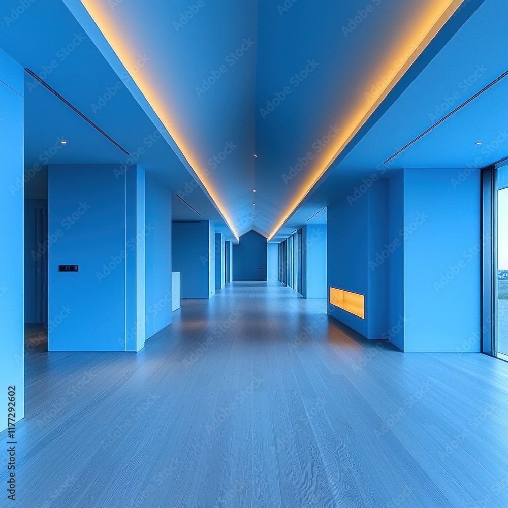 Fototapeta premium Empty blue hallway in modern house with recessed lighting and ocean view