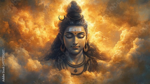 Divine portrayal of Lord Shiva, his face emerging majestically from golden clouds, exuding serenity and strength.