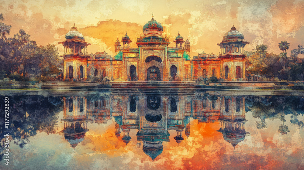 Fototapeta premium Elaborate palace with vibrant mosaics reflected in tranquil water, showcasing intricate architecture and serene surroundings. stunning blend of colors and artistry