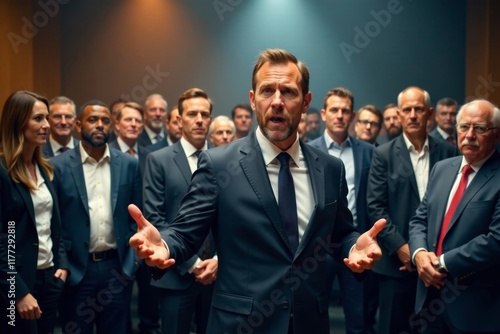 Business professionals in a crowded press conference room, gesturing emphatically amidst chaos, business, chaos, meeting photo