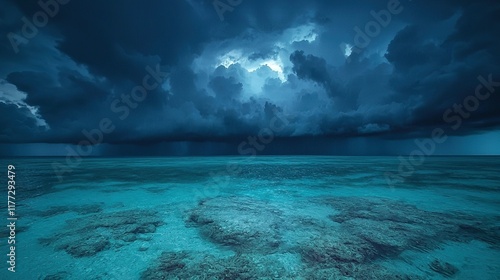 Stormy ocean with lightning, rain, and dark clouds.