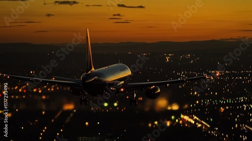 A plane approaches landing at dusk, illuminated by city lights below. photo