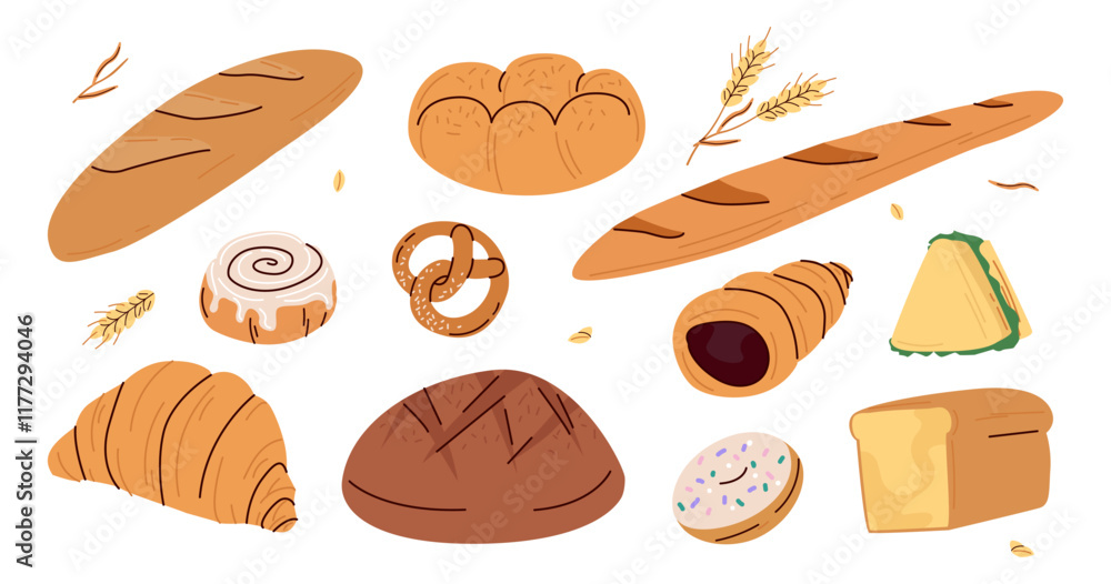 Collection of different kinds of homemade fresh bread. Illustration of a bakery products and bread assortment. loaf, croissant, baguette, milk bread, pretzel, Cinnabon, trdelnik, loaf, sandwich Collection of different kinds of homemade fresh bread. Illustration of a bakery products and bread assortment. loaf, croissant, baguette, milk bread, pretzel, Cinnabon, trdelnik, loaf, sandwich