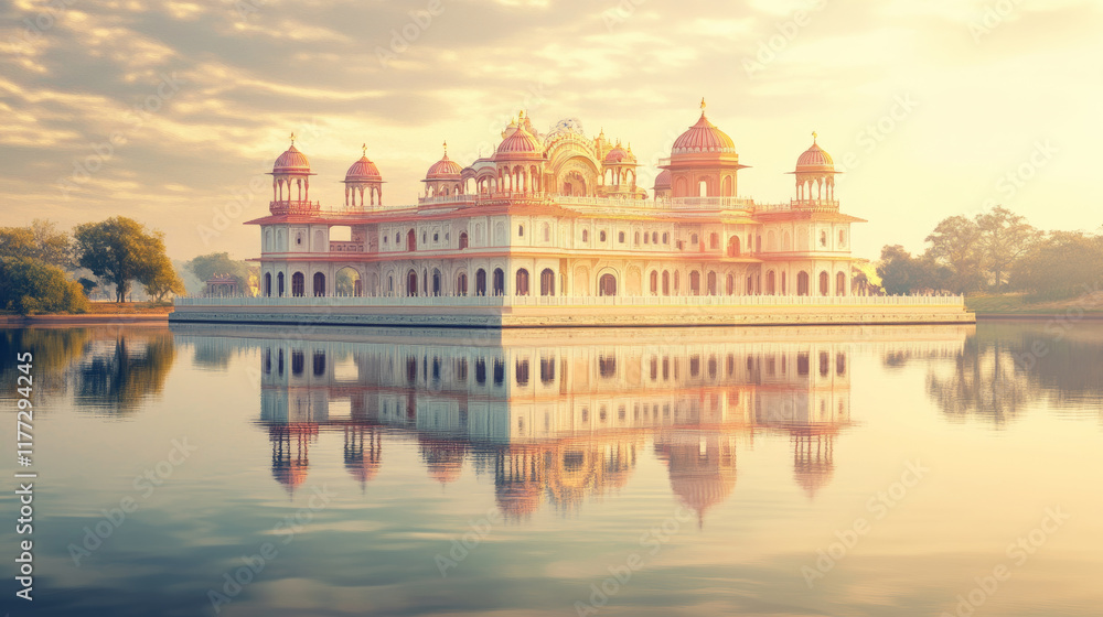 Fototapeta premium Ornate Indian palace reflected in calm lake, showcasing intricate architecture and serene surroundings, creating tranquil and picturesque scene