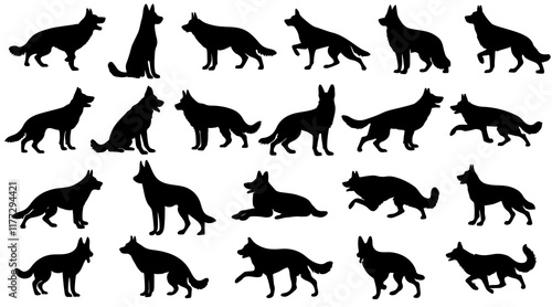 Set of dogs silhouette in different poses. Large set of german shepherd dogs. Hand drawn black dogs isolated on white background. Vector illustration of decorative elements for design decor.