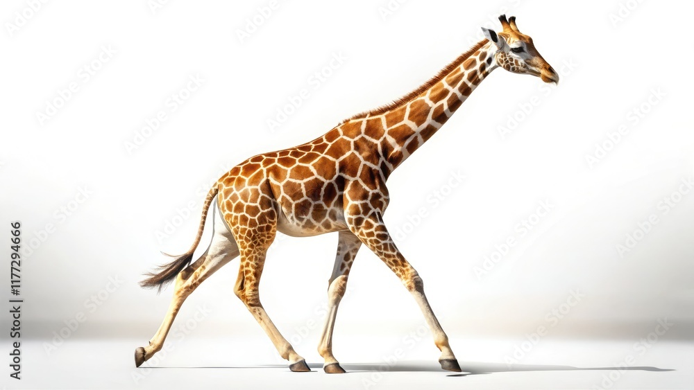 Fototapeta premium Elegant giraffe strides, isolated against a clean background; perfect safari wildlife stock photo.