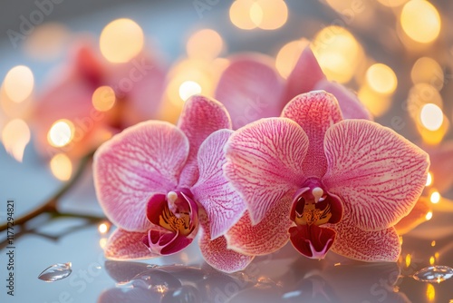 Delicate Pink Orchids with Soft Bokeh Lights and Water Droplets for Serene Atmosphere