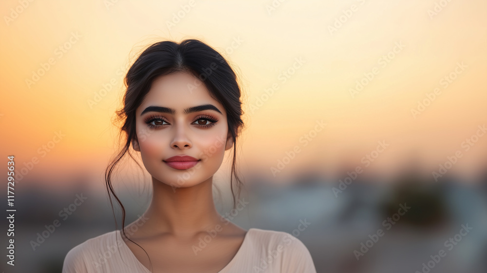 Radiant young woman with long dark hair, wearing light top, against sunset background. Her expression is confident and serene, capturing moment of beauty and tranquility. Radiant young woman with long dark hair, wearing light top, against sunset background. Her expression is confident and serene, capturing moment of beauty and tranquility.
