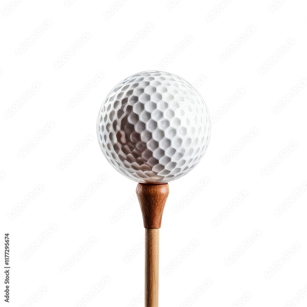 Golf Ball on Tee: A classic golf ball poised on a wooden tee, ready for the perfect swing. Close-up shot, isolated on white. The white ball and brown tee create a timeless and elegant image. Golf Ball on Tee: A classic golf ball poised on a wooden tee, ready for the perfect swing. Close-up shot, isolated on white. The white ball and brown tee create a timeless and elegant image.