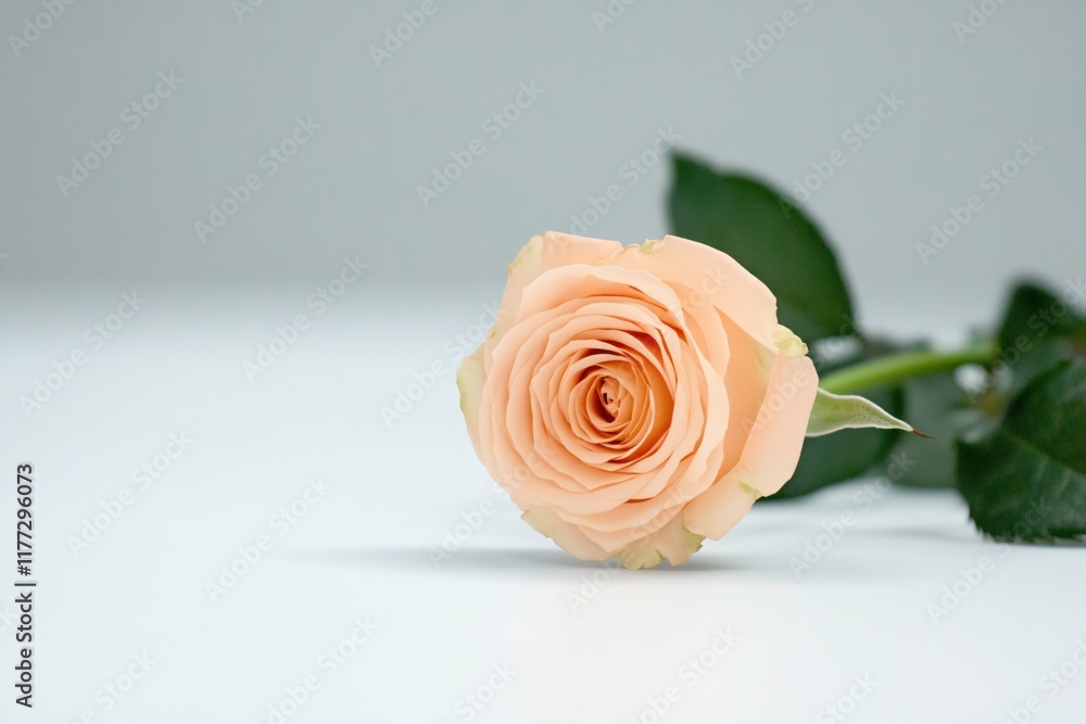 Fototapeta premium Elegant peach rose on white background with soft textures and subtle green leaves