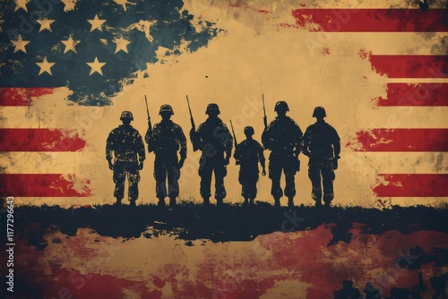 American soldiers standing at attention with usa flag background