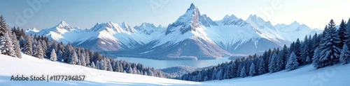 Wallpaper Mural Rolling hills of snow and forests with towering mountain peaks in the background, frozen lakes, landscape, nature Torontodigital.ca