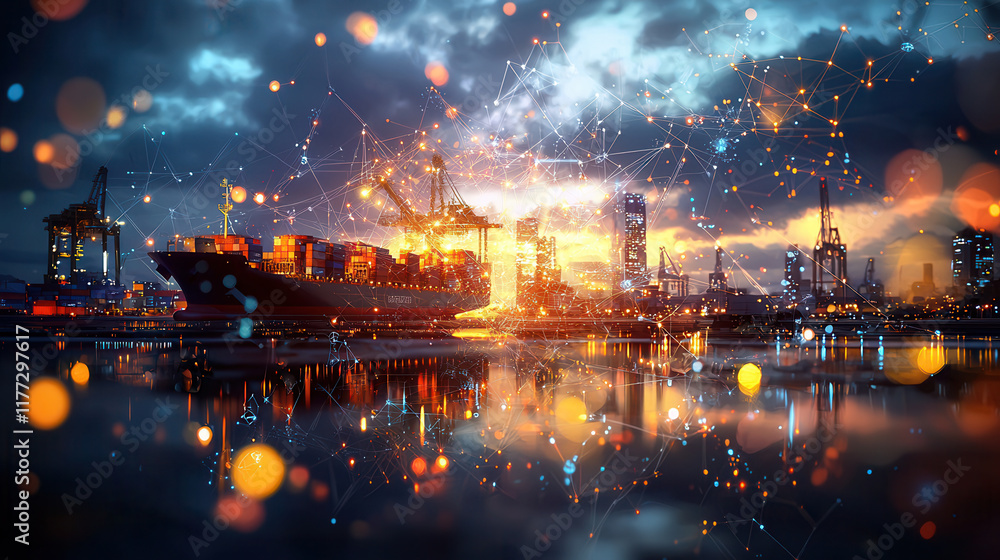 Fototapeta premium global logistics network with cargo ships at sea, showcasing vibrant connections and modern technology
