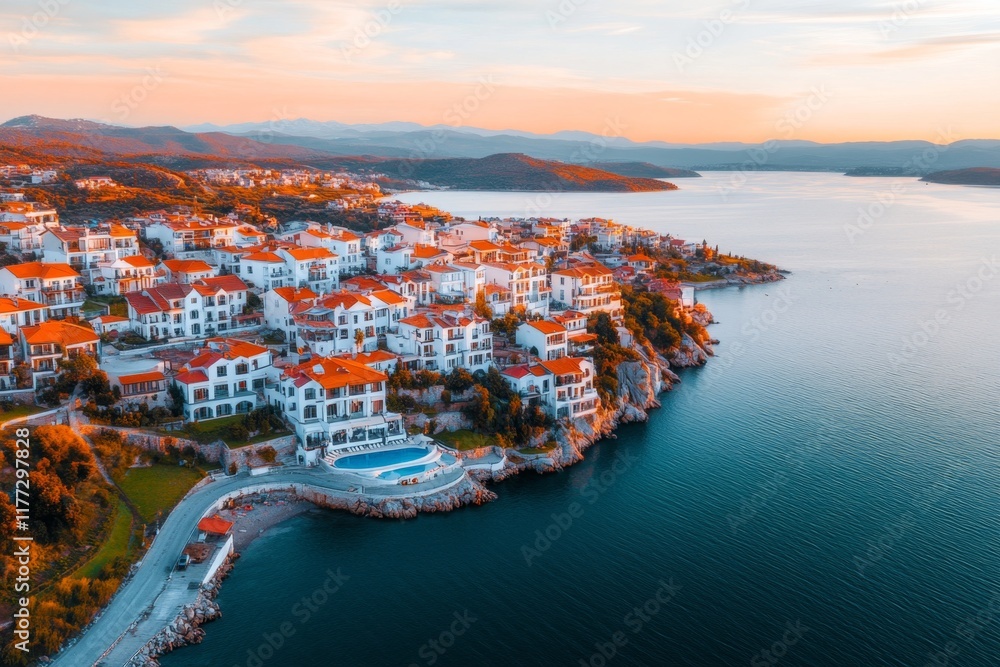 Fototapeta premium A bird's-eye view of KuÅŸadasÄ±, showcasing its sprawling coastline, vibrant rooftops, and surrounding greenery