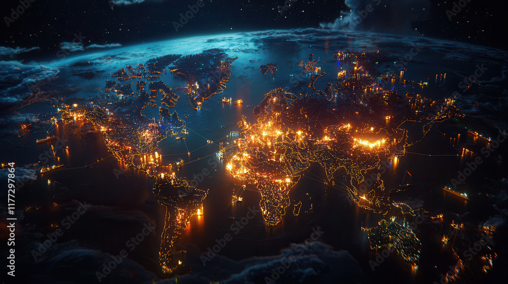 stunning view of Earth at night, showcasing interconnected cities and lights across globe, highlighting global logistics and connectivity stunning view of Earth at night, showcasing interconnected cities and lights across globe, highlighting global logistics and connectivity