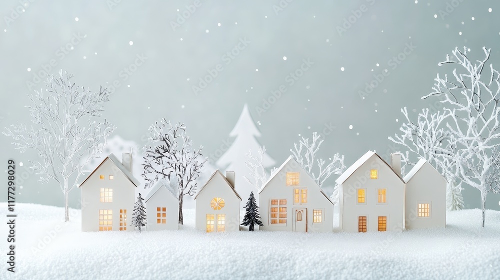 Fototapeta premium Charming village nestled in a serene winter landscape, blanketed in snow under a clear blue sky.