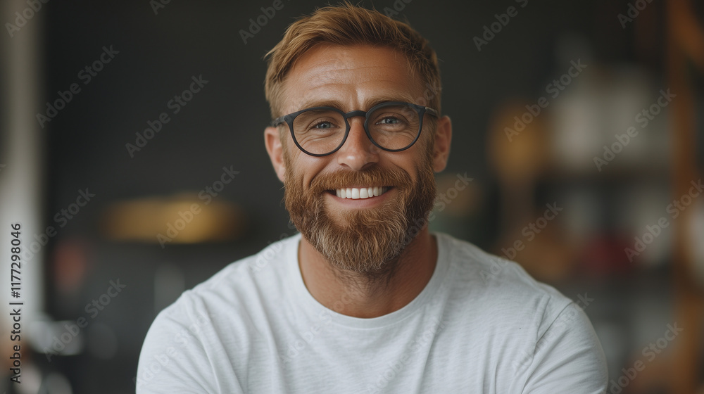 smiling man with beard and glasses, wearing casual white t shirt, exudes warmth and friendliness in cozy indoor setting. smiling man with beard and glasses, wearing casual white t shirt, exudes warmth and friendliness in cozy indoor setting.