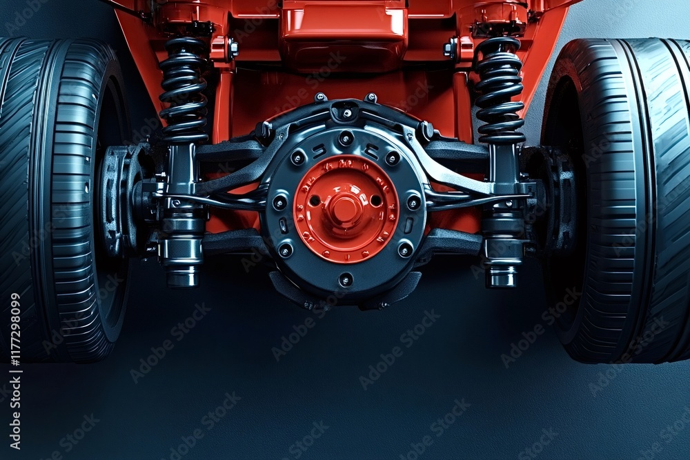 Red chassis featuring wheels, suspension, and differential, highlighting the intricacies of automotive engineering and innovative design against a dark background Red chassis featuring wheels, suspension, and differential, highlighting the intricacies of automotive engineering and innovative design against a dark background