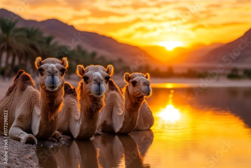 A caravan of camels resting near a ksar oasis, with the backdrop of palm trees and glistening water photo