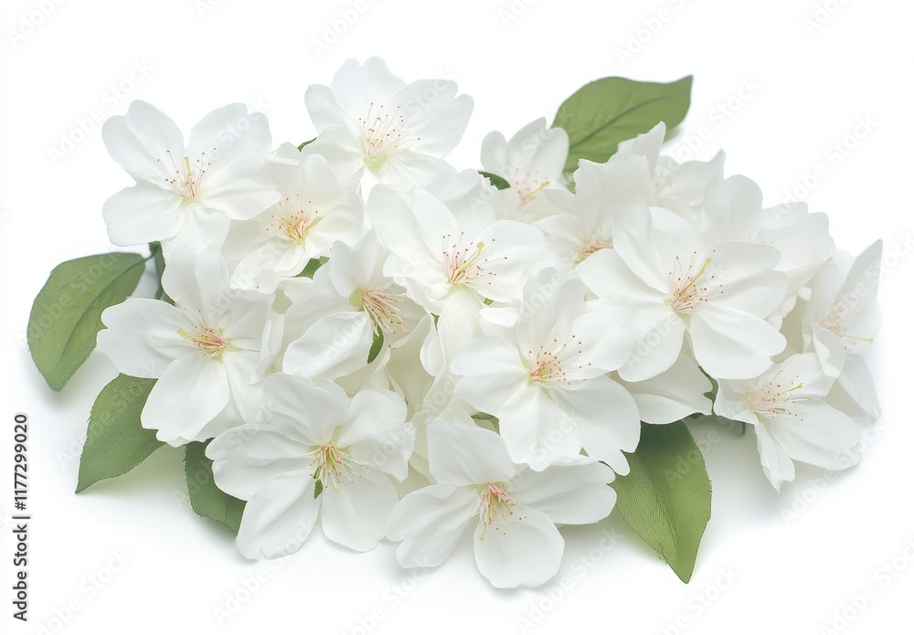 Fresh White Flowers with Green Leaves on a Light Background Fresh White Flowers with Green Leaves on a Light Background