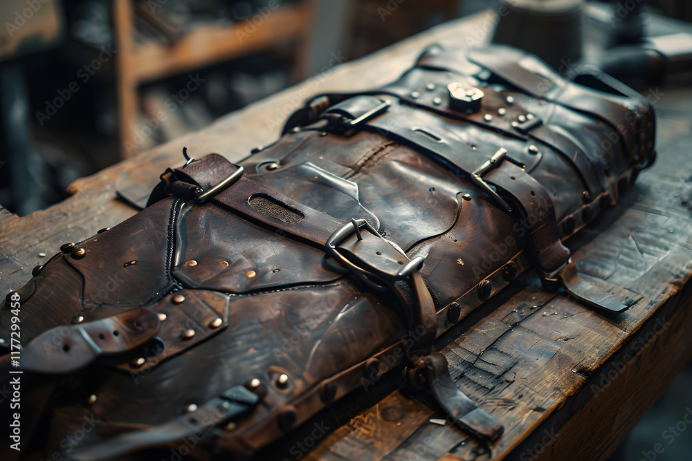 Close-up of a Well-Crafted Leather Harness with Metal Buckles in a Workshop Setting Close-up of a Well-Crafted Leather Harness with Metal Buckles in a Workshop Setting