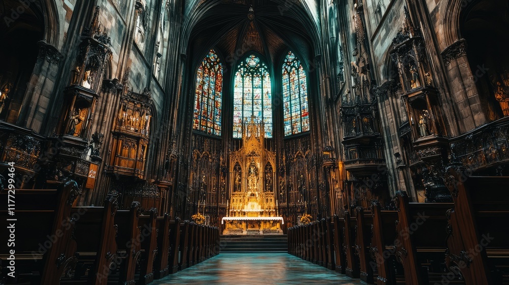 Obraz premium Grand Roman Catholic church interior with high altar, intricate stained glass windows, and rows of wooden pews.