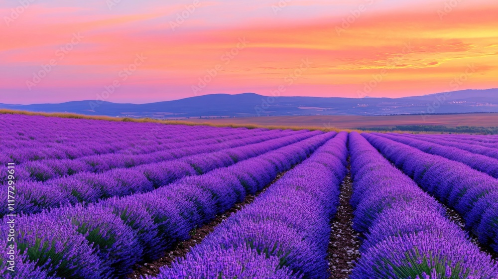 Vibrant Lavender Fields Under a Colorful Sunrise Sky in Rural Landscape Vibrant Lavender Fields Under a Colorful Sunrise Sky in Rural Landscape