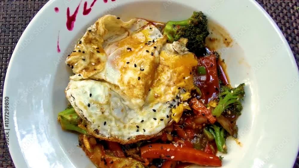 Fried eggs on rice vegetables and chipotle sauce dish meal. Fried eggs on rice vegetables and chipotle sauce dish meal.
