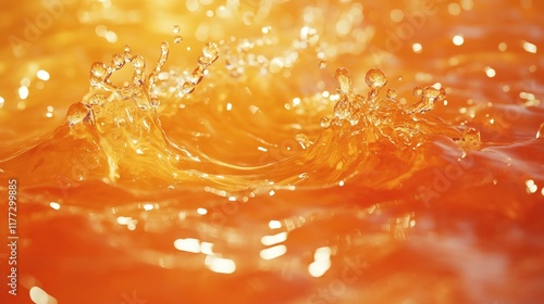 Close-up of orange liquid splashing, creating dynamic waves and droplets.