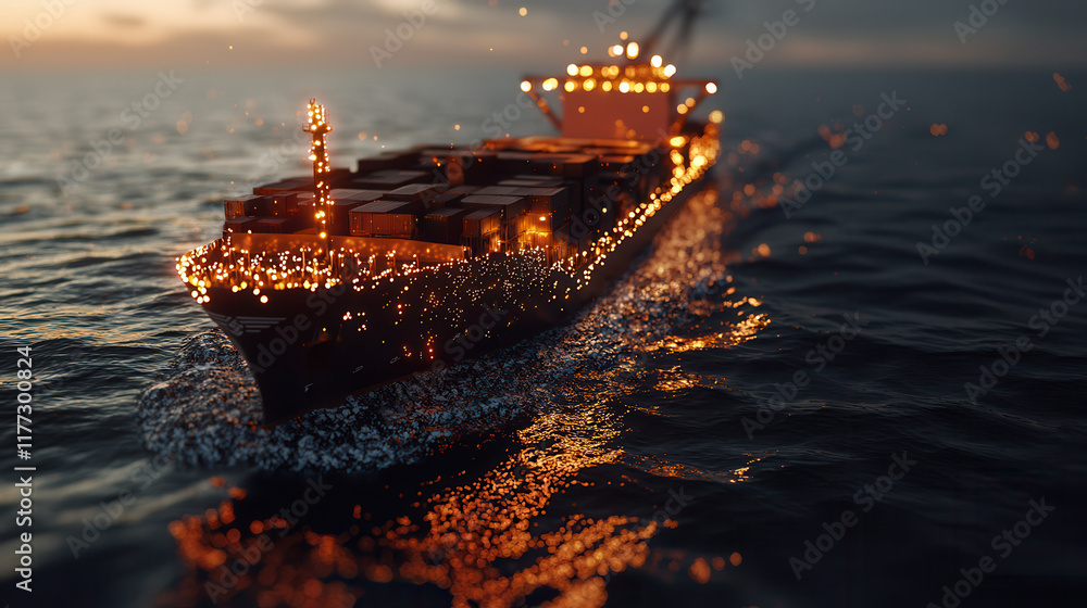 Fototapeta premium cargo ship illuminated at night, navigating through calm waters, showcasing automated tracking technology