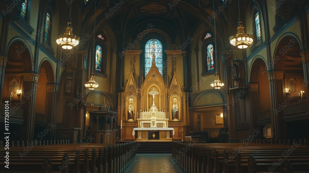 Fototapeta premium Grand Roman Catholic church interior with high altar, intricate stained glass windows, and rows of wooden pews.