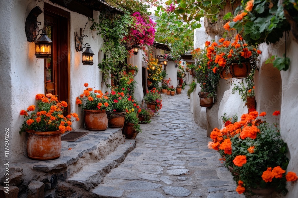 Naklejka premium A charming stone pathway leading to a boutique hotel in Uchisar, lined with colorful flowers and traditional lanterns