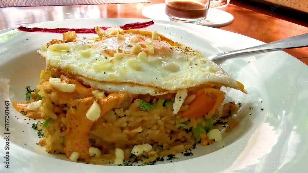 Fried eggs on rice vegetables and chipotle sauce dish meal. Fried eggs on rice vegetables and chipotle sauce dish meal.