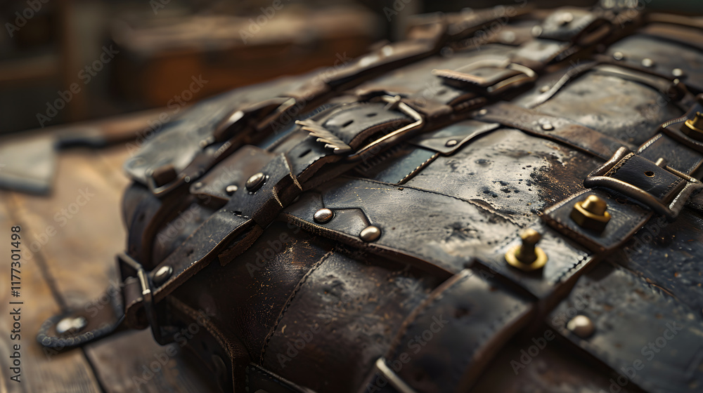 Close-up of a Well-Crafted Leather Harness with Metal Buckles in a Workshop Setting Close-up of a Well-Crafted Leather Harness with Metal Buckles in a Workshop Setting
