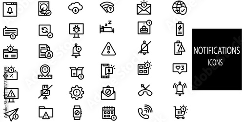 Notifications simple concept 36 icons set. Contains such ringing bell, sound, WIFI, warning  etc. Vector illustration.