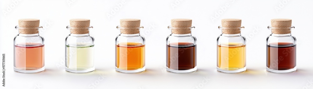Variety of Small Glass Bottles Filled with Colorful Liquids on White Background Variety of Small Glass Bottles Filled with Colorful Liquids on White Background