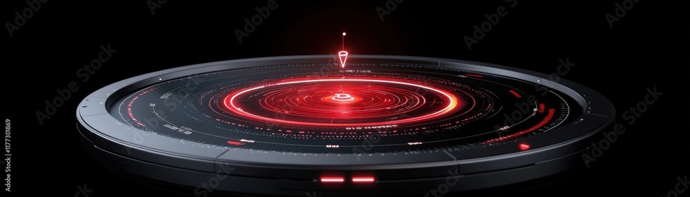 Fototapeta premium Futuristic Digital Interface with Rotating Elements and Pulsating Red Point of Interest