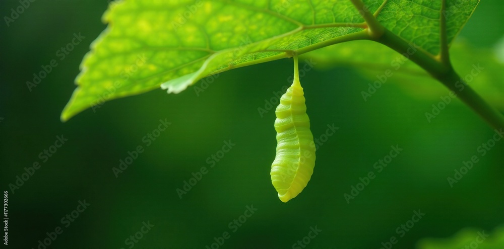 Naklejka premium Hanging single chrysalis from a Senna leaf stem, chrysalis, Senna leaf