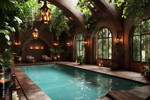 Wallpaper Mural A digital 3D illustration of a ksar at dusk, with glowing windows, lush greenery, and a sparkling oasis pool Torontodigital.ca