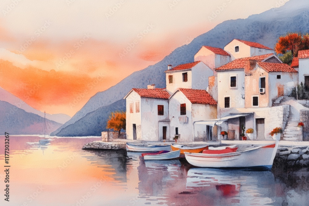 Fototapeta premium A dreamy watercolor of Rab island at sunset, with warm hues reflecting on the Adriatic waters