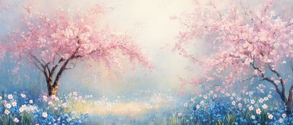 Blossoming cherry trees in a serene meadow spring landscape artwork tranquil nature scene soft pastel colors Blossoming cherry trees in a serene meadow spring landscape artwork tranquil nature scene soft pastel colors