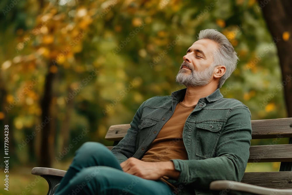 Middle-aged man finds peace in park by taking deep breaths to manage stress and emotional strain Middle-aged man finds peace in park by taking deep breaths to manage stress and emotional strain