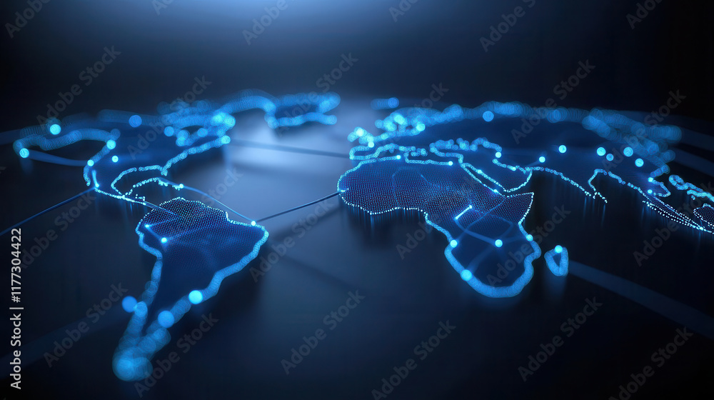 3D holographic visualization of global network with glowing connections, showcasing continents and data flow 3D holographic visualization of global network with glowing connections, showcasing continents and data flow
