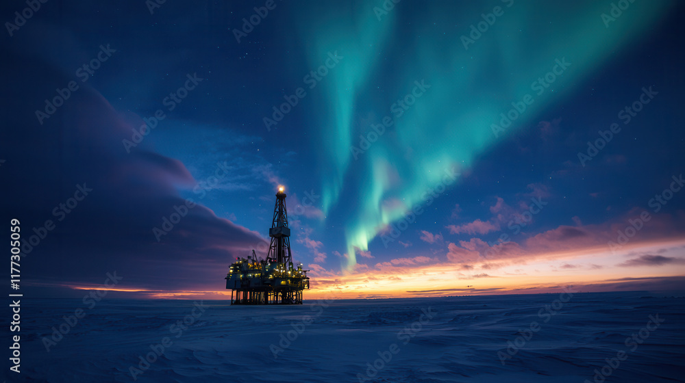Fototapeta premium stunning nighttime oil rig illuminated by aurora borealis, showcasing vibrant colors against dark sky