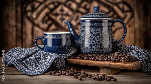 A wooden tray displays an enamel teapot and mug alongside a bowl of coffee beans, set against a bamboo backdrop